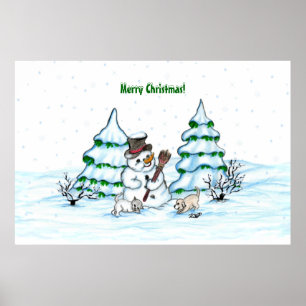 Merry Christmas! Snowman with Cat and Puppy Poster