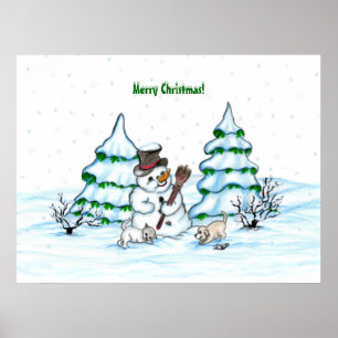 Merry Christmas! Snowman with Cat and Puppy Poster