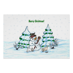Merry Christmas! Snowman with Cat and Puppy Poster