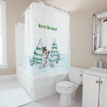 Merry Christmas! Snowman with Cat and Puppy Shower Curtain<br><div class="desc">Merry Christmas! Snowman with Cat and Puppy - little Dog ~~~ coloured pencil drawing by Krisi ArtKSZP ~~~ Store Category >>> Merry Christmas for Kids >>> Snowman with Cat and Puppy</div>