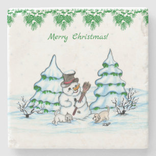 Merry Christmas! Snowman with Cat and Puppy Stone Coaster