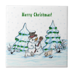 Merry Christmas! Snowman with Cat and Puppy Tile