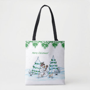 Merry Christmas! Snowman with Cat and Puppy Tote Bag