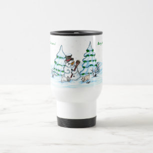 Merry Christmas! Snowman with Cat and Puppy Travel Mug