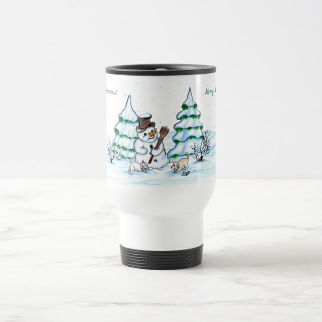 Merry Christmas! Snowman with Cat and Puppy Travel Mug (Center)