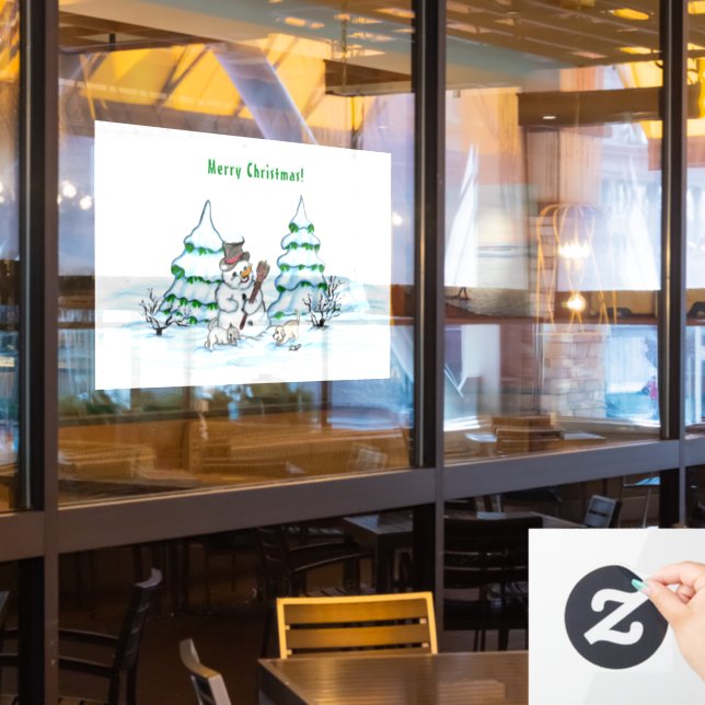 Merry Christmas! Snowman with Cat and Puppy Window Cling (Restaurant Window)