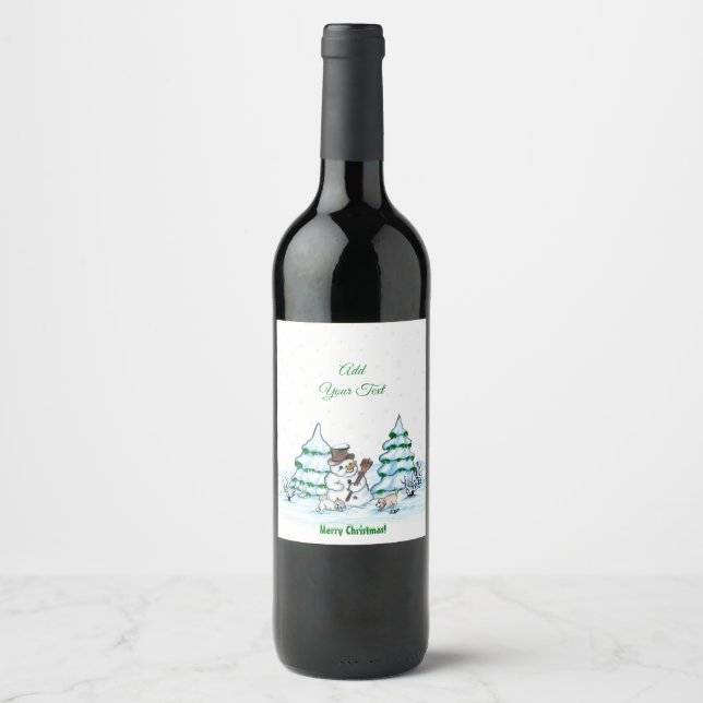 Merry Christmas! Snowman with Cat and Puppy Wine Label (Front)