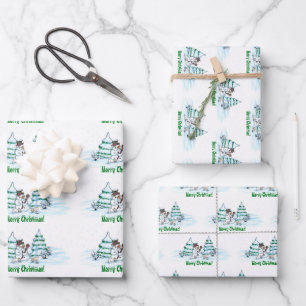 Merry Christmas! Snowman with Cat and Puppy Wrapping Paper Sheet