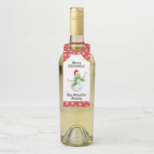Merry Christmas Snowman with Family Name Bottle Tag