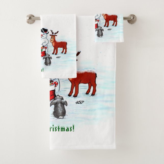 Merry Christmas! Snowman with Friends Bath Towel Set (Insitu)