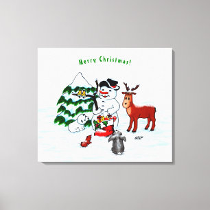 Merry Christmas! Snowman with Friends Canvas Print