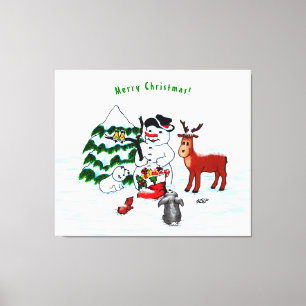 Merry Christmas! Snowman with Friends Canvas Print