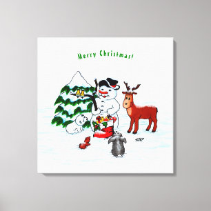Merry Christmas! Snowman with Friends Canvas Print