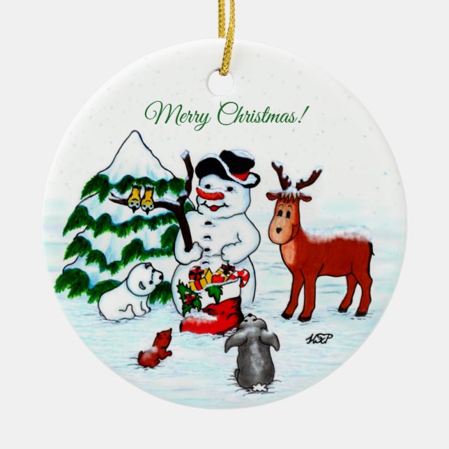 Merry Christmas! Snowman with Friends Ceramic Tree Decoration (Front)