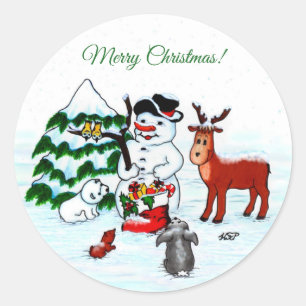 Merry Christmas! Snowman with Friends Classic Round Sticker