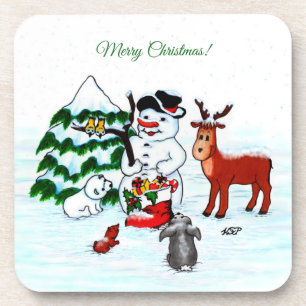 Merry Christmas! Snowman with Friends Coaster