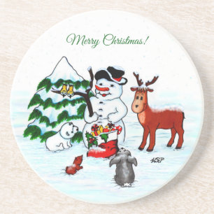 Merry Christmas! Snowman with Friends Coaster