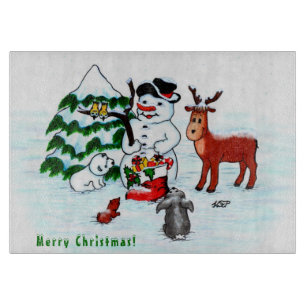 Merry Christmas! Snowman with Friends Cutting Board