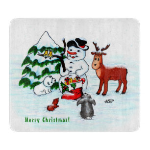 Merry Christmas! Snowman with Friends Cutting Board