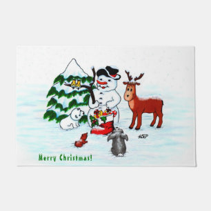 Merry Christmas! Snowman with Friends Doormat
