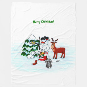 Merry Christmas! Snowman with Friends Fleece Blanket