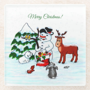 Merry Christmas! Snowman with Friends Glass Coaster
