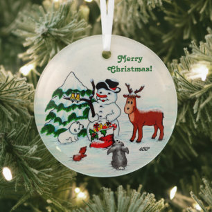 Merry Christmas! Snowman with Friends Glass Tree Decoration