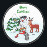 Merry Christmas! Snowman with Friends Hockey Puck<br><div class="desc">Merry Christmas! Snowman with Friends - Baby Polar Bear,  Birds,  Moose,  Rabbit,    ~~~ coloured pencil drawing by Krisi ArtKSZP ~~~ Store Category >>> Merry Christmas for Kids >>> Snowman with Friends</div>