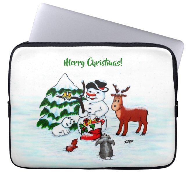 Merry Christmas! Snowman with Friends Laptop Sleeve (Front)