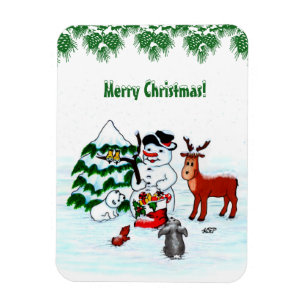 Merry Christmas! Snowman with Friends Magnet