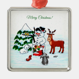 Merry Christmas! Snowman with Friends Metal Tree Decoration