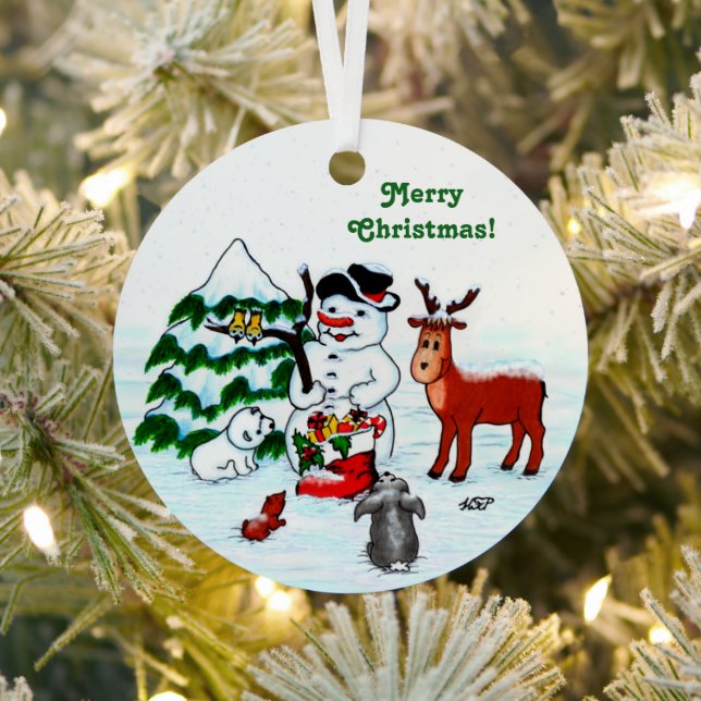 Merry Christmas! Snowman with Friends Metal Tree Decoration (Insitu)