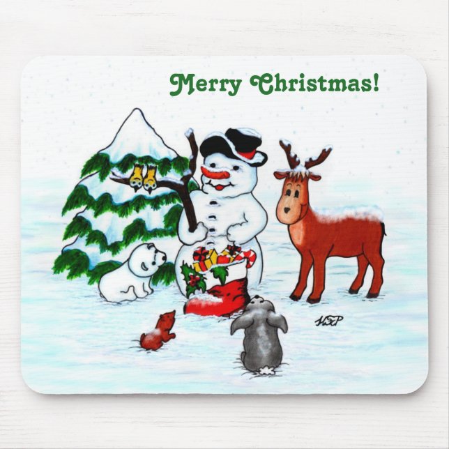 Merry Christmas! Snowman with Friends Mouse Mat (Front)
