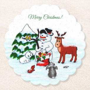 Merry Christmas! Snowman with Friends Paper Coaster