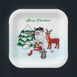 Merry Christmas! Snowman with Friends Paper Plate<br><div class="desc">Merry Christmas! Snowman with Friends - Baby Polar Bear,  Birds,  Moose,  Rabbit,    ~~~ coloured pencil drawing by Krisi ArtKSZP ~~~ Store Category >>> Merry Christmas for Kids >>> Snowman with Friends</div>