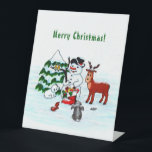 Merry Christmas! Snowman with Friends Pedestal Sign<br><div class="desc">Merry Christmas! Snowman with Friends - Baby Polar Bear,  Birds,  Moose,  Rabbit,    ~~~ coloured pencil drawing by Krisi ArtKSZP ~~~ Store Category >>> Merry Christmas for Kids >>> Snowman with Friends</div>