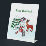 Merry Christmas! Snowman with Friends Pedestal Sign<br><div class="desc">Merry Christmas! Snowman with Friends - Baby Polar Bear,  Birds,  Moose,  Rabbit,    ~~~ coloured pencil drawing by Krisi ArtKSZP ~~~ Store Category >>> Merry Christmas for Kids >>> Snowman with Friends</div>