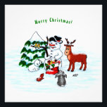 Merry Christmas! Snowman with Friends Photo Print<br><div class="desc">Merry Christmas! Snowman with Friends - Baby Polar Bear,  Birds,  Moose,  Rabbit,    ~~~ coloured pencil drawing by Krisi ArtKSZP ~~~ Store Category >>> Merry Christmas for Kids >>> Snowman with Friends</div>