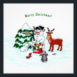 Merry Christmas! Snowman with Friends Photo Print<br><div class="desc">Merry Christmas! Snowman with Friends - Baby Polar Bear,  Birds,  Moose,  Rabbit,    ~~~ coloured pencil drawing by Krisi ArtKSZP ~~~ Store Category >>> Merry Christmas for Kids >>> Snowman with Friends</div>