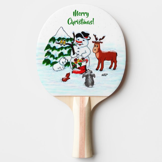 Merry Christmas! Snowman with Friends Ping Pong Paddle (Front)