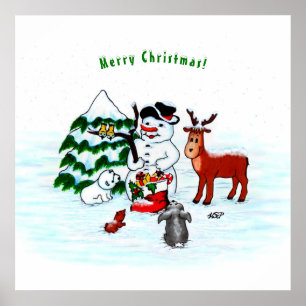 Merry Christmas! Snowman with Friends Poster
