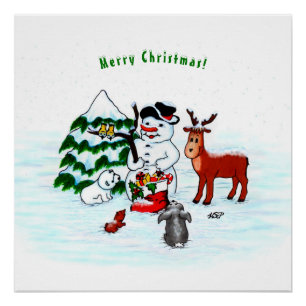 Merry Christmas! Snowman with Friends Poster