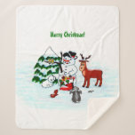 Merry Christmas! Snowman with Friends Sherpa Blanket<br><div class="desc">Merry Christmas! Snowman with Friends - Baby Polar Bear,  Birds,  Moose,  Rabbit,    ~~~ coloured pencil drawing by Krisi ArtKSZP ~~~ Store Category >>> Merry Christmas for Kids >>> Snowman with Friends</div>