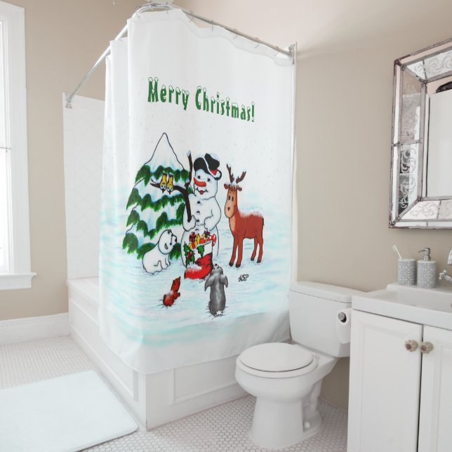 Merry Christmas! Snowman with Friends Shower Curtain (In Situ)