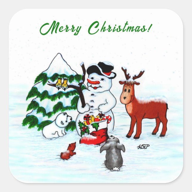 Merry Christmas! Snowman with Friends Square Sticker (Front)