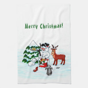 Merry Christmas! Snowman with Friends Tea Towel