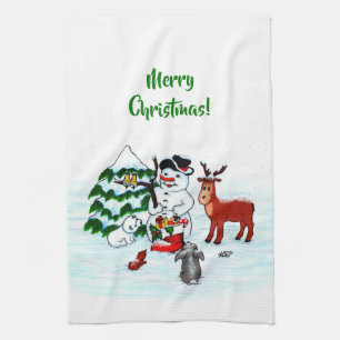 Merry Christmas! Snowman with Friends Tea Towel