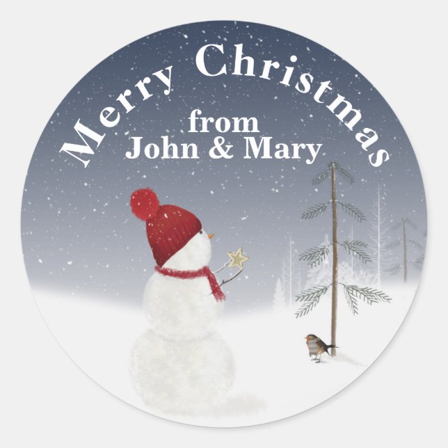 Merry Christmas Snowman With Gold Star Classic Round Sticker (Front)