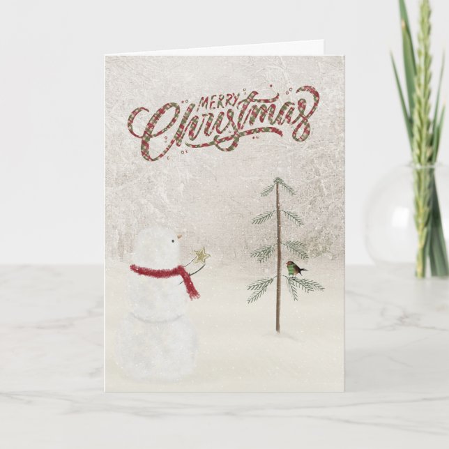 Merry Christmas snowman with gold star Holiday Card (Front)