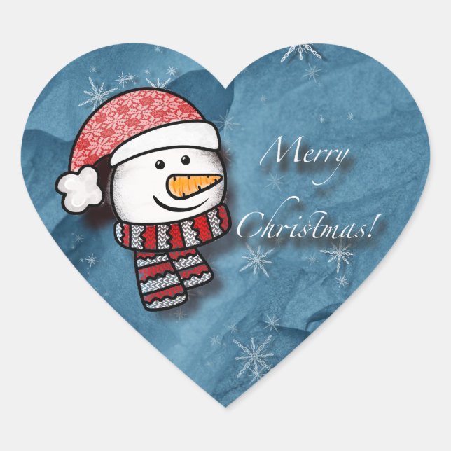 Merry Christmas, snowman with knitted clothes Heart Sticker (Front)